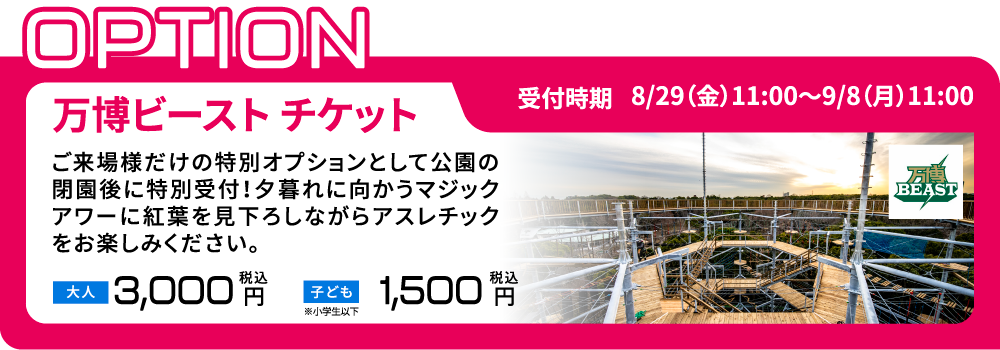 [万博ビーストチケット/受付時期：8/29(金)11:00～9/8(月)11:00] ご来場様だけの特別オプションとして公園の閉園後に特別受付！夕暮れに向かうマジックアワーに紅葉を見下ろしながらアスレチックをお楽しみください。 大人：3,000円(税込) 子ども：1,500円(税込)