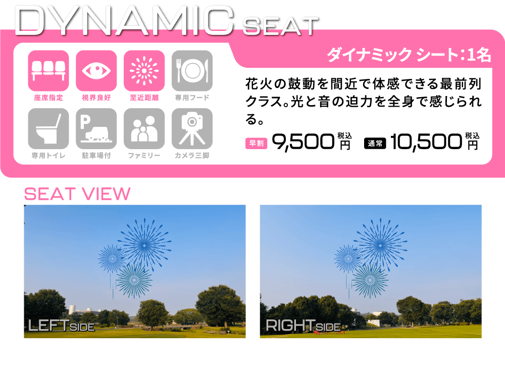 [ダイナミックシート/1名] 花火の鼓動を間近で体感できる最前列クラス。光と音の迫力を全身で感じられる。 座席指定/視界良好/至近距離 【早割】9,500円(税込) 【通常】10,500円(税込)